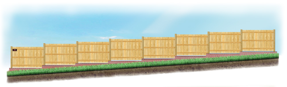A stepped fence on sloped ground with a Retaining Wall in  Wyoming