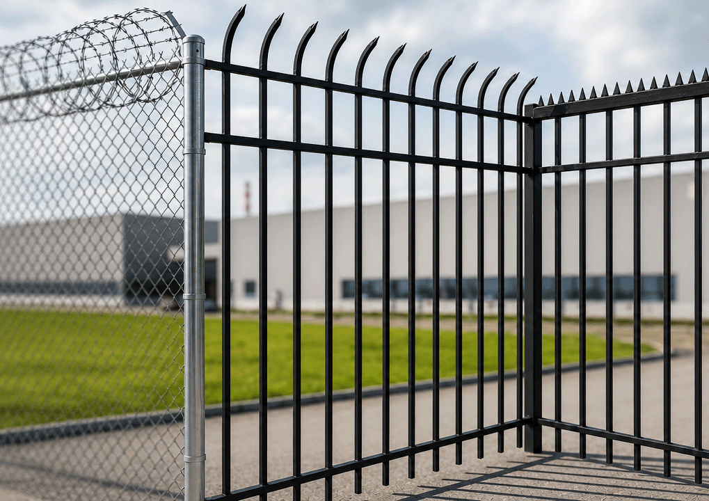 Industrial fences chain link with barbed wire, strong steel, anti-climb wire fences